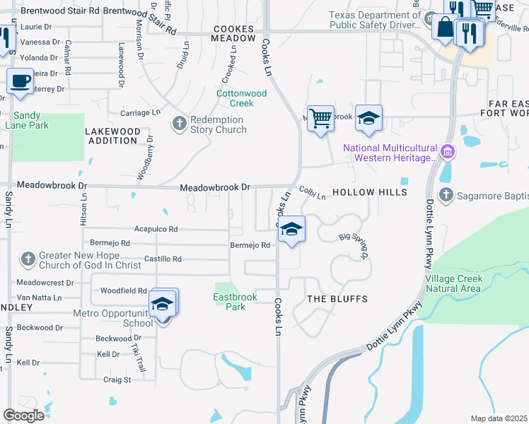 map of restaurants, bars, coffee shops, grocery stores, and more near 7813 Whitney Lane in Fort Worth