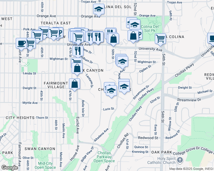 map of restaurants, bars, coffee shops, grocery stores, and more near 4999 Sterling Court in San Diego