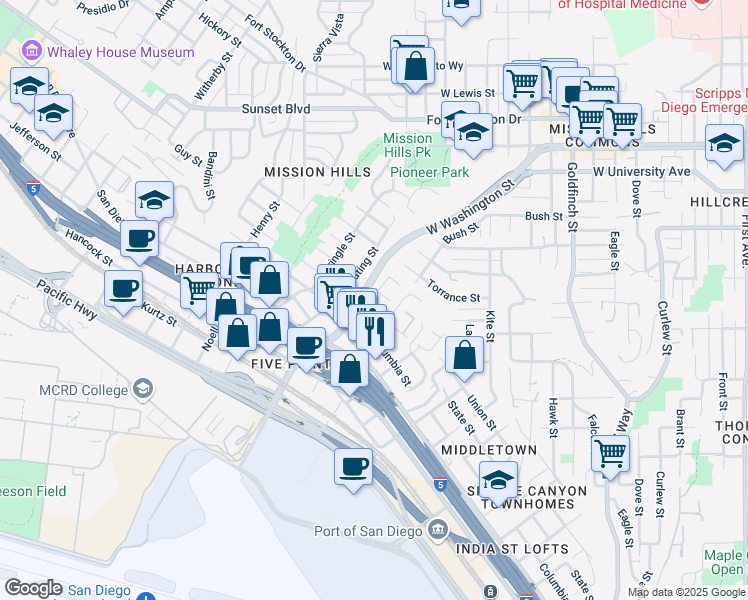 map of restaurants, bars, coffee shops, grocery stores, and more near 1696 Guy Street in San Diego