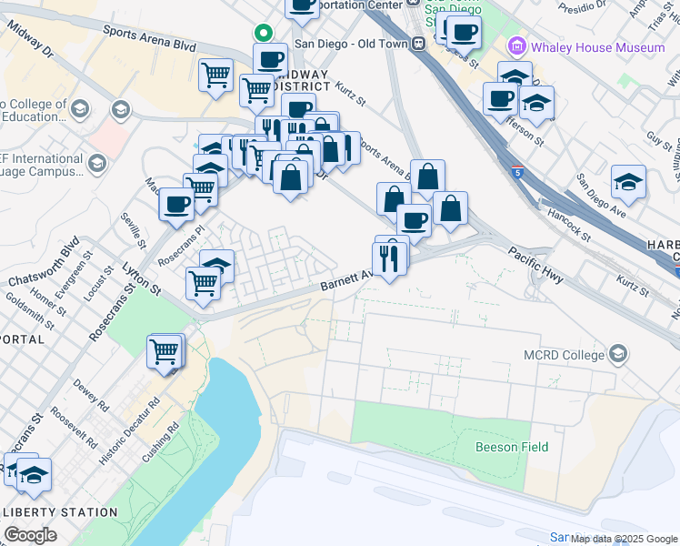 map of restaurants, bars, coffee shops, grocery stores, and more near 2535 Midway Drive in San Diego