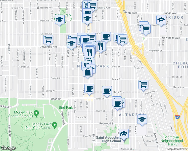 map of restaurants, bars, coffee shops, grocery stores, and more near 3604 Ray Street in San Diego