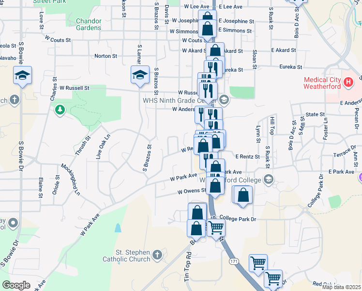 map of restaurants, bars, coffee shops, grocery stores, and more near 206 Rentz Place Circle in Weatherford