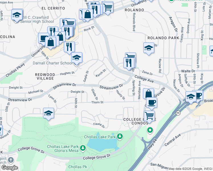 map of restaurants, bars, coffee shops, grocery stores, and more near 6212 Streamview Drive in San Diego