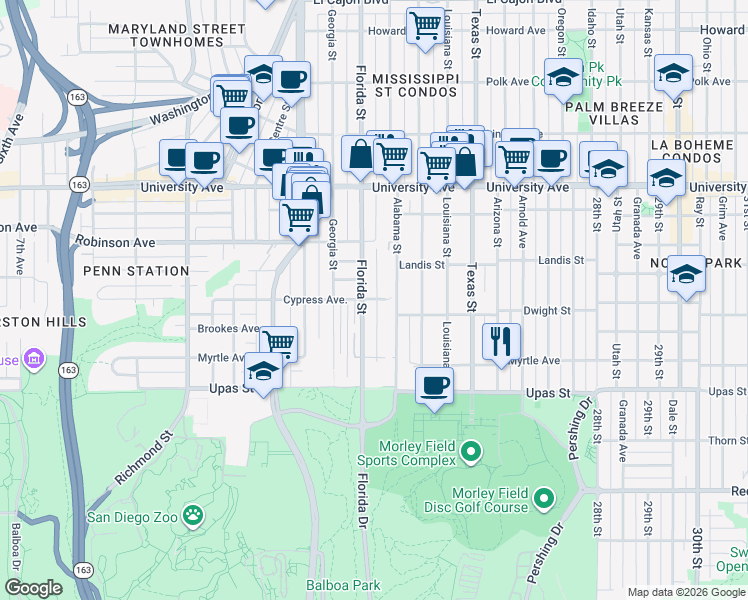 map of restaurants, bars, coffee shops, grocery stores, and more near 2021 Cypress Avenue in San Diego