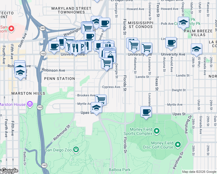 map of restaurants, bars, coffee shops, grocery stores, and more near Cypress Avenue & Indiana Street in San Diego