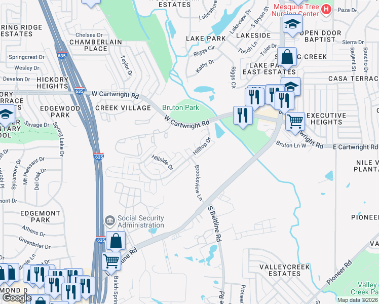 map of restaurants, bars, coffee shops, grocery stores, and more near 1710 Brooksview Lane in Balch Springs