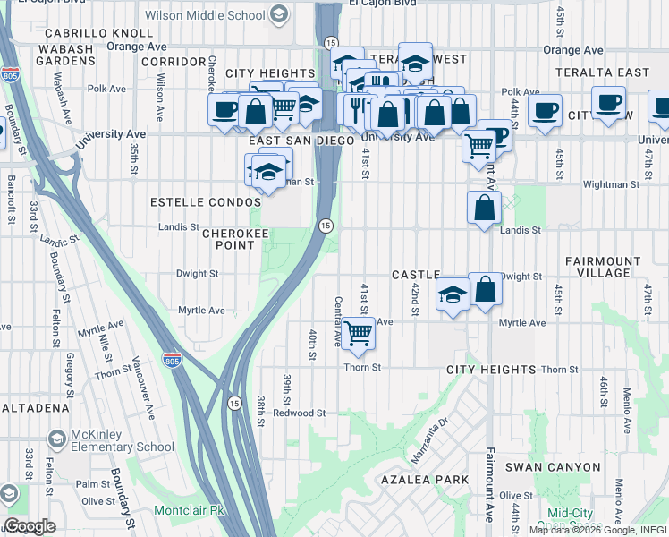 map of restaurants, bars, coffee shops, grocery stores, and more near 3610 Central Avenue in San Diego