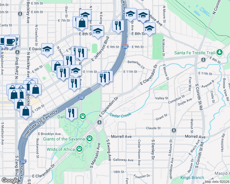 map of restaurants, bars, coffee shops, grocery stores, and more near 368 Upton Street in Dallas