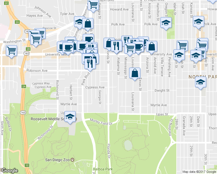 map of restaurants, bars, coffee shops, grocery stores, and more near Florida Street & Cypress Avenue in San Diego