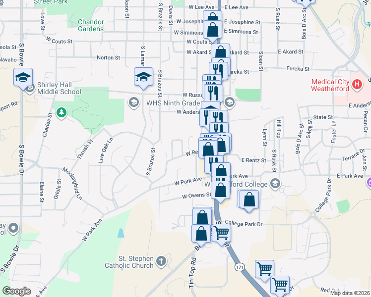 map of restaurants, bars, coffee shops, grocery stores, and more near 202 West Rentz Street in Weatherford