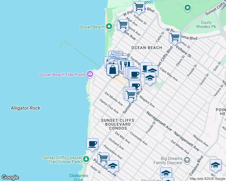 map of restaurants, bars, coffee shops, grocery stores, and more near 4945 Narragansett Avenue in San Diego