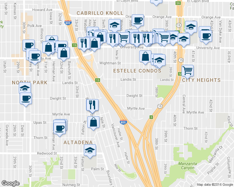 map of restaurants, bars, coffee shops, grocery stores, and more near 3512 Dwight Street in San Diego