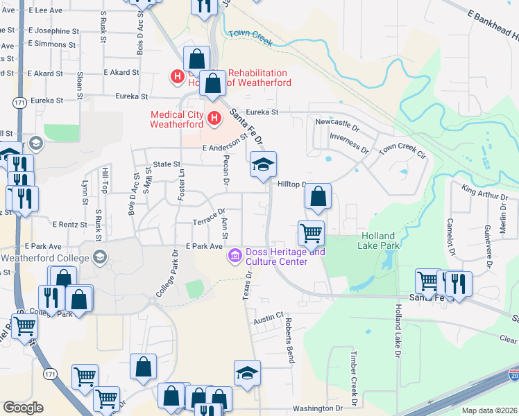 map of restaurants, bars, coffee shops, grocery stores, and more near 1211 Santa Fe Drive in Weatherford