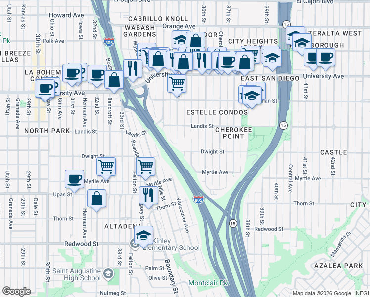 map of restaurants, bars, coffee shops, grocery stores, and more near 3512 Dwight Street in San Diego