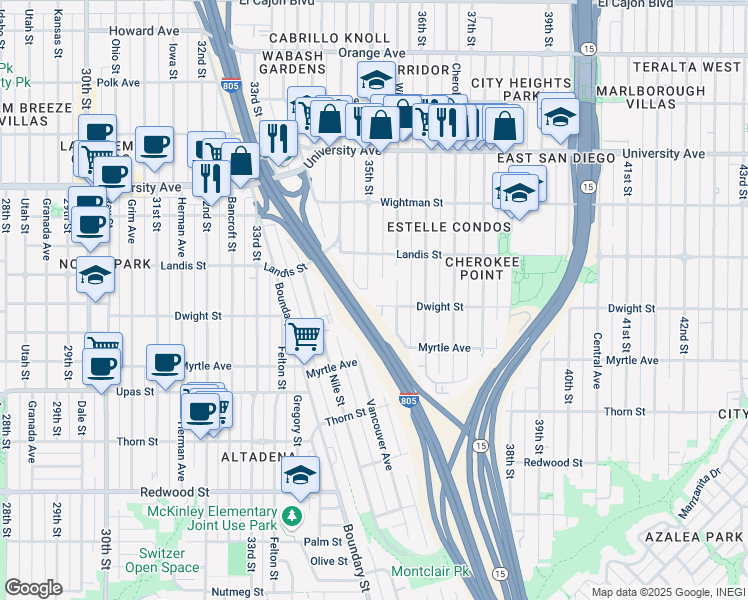 map of restaurants, bars, coffee shops, grocery stores, and more near 35th Street in San Diego