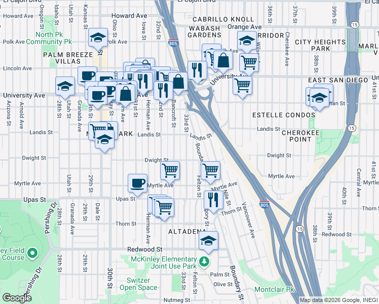 map of restaurants, bars, coffee shops, grocery stores, and more near 3629 33rd Street in San Diego