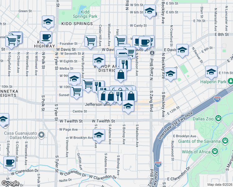 map of restaurants, bars, coffee shops, grocery stores, and more near 419 Sunset Avenue in Dallas