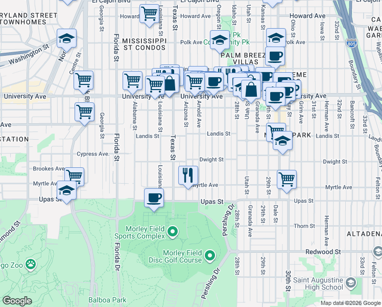 map of restaurants, bars, coffee shops, grocery stores, and more near 3672 Arizona Street in San Diego
