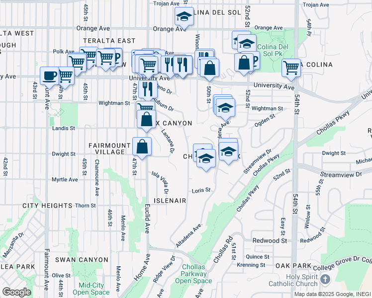 map of restaurants, bars, coffee shops, grocery stores, and more near 5011 Auburn Drive in San Diego