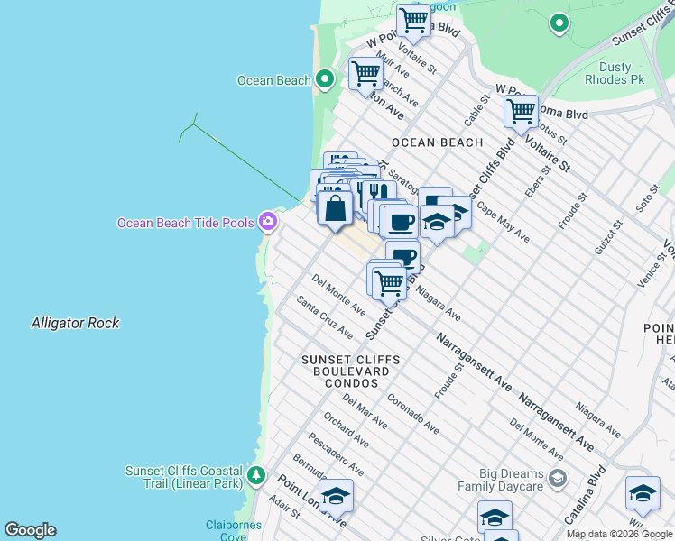 map of restaurants, bars, coffee shops, grocery stores, and more near 4972 Narragansett Avenue in San Diego
