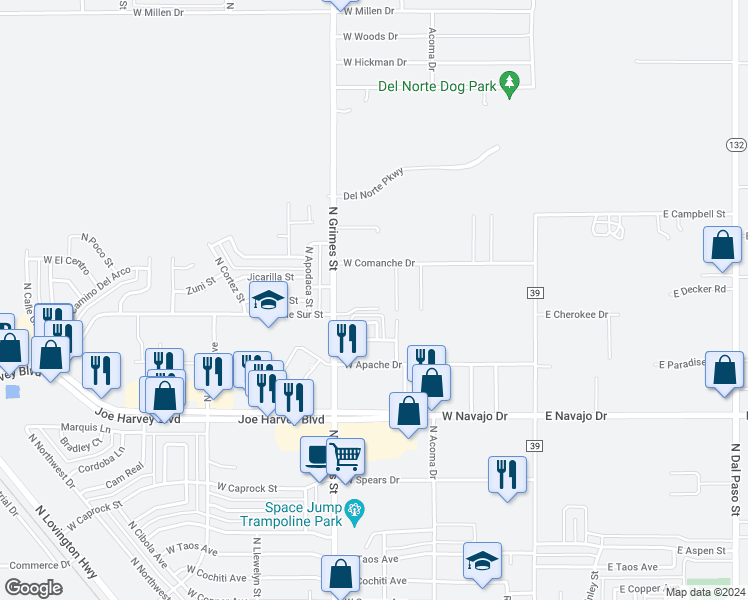 map of restaurants, bars, coffee shops, grocery stores, and more near 606 West Calle Sur Street in Hobbs