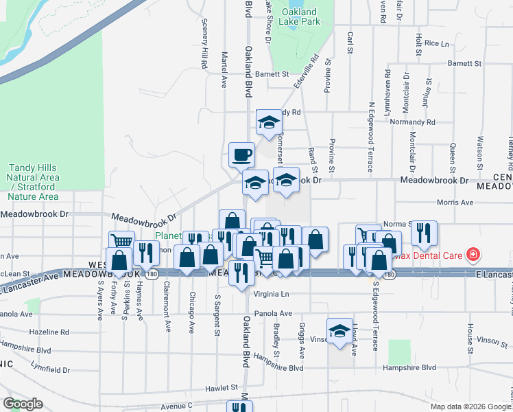 map of restaurants, bars, coffee shops, grocery stores, and more near 2317 Oakland Boulevard in Fort Worth