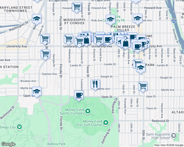 map of restaurants, bars, coffee shops, grocery stores, and more near 3634-36 Arizona Street in San Diego