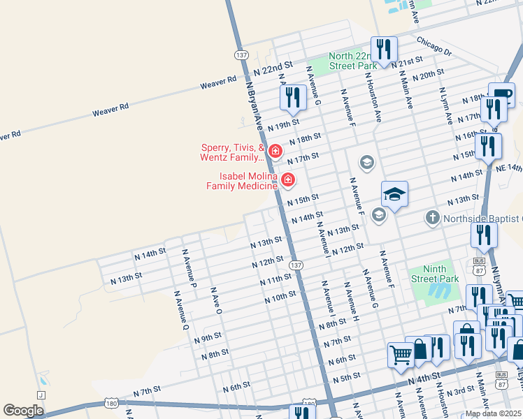 map of restaurants, bars, coffee shops, grocery stores, and more near North 15th Street in Lamesa