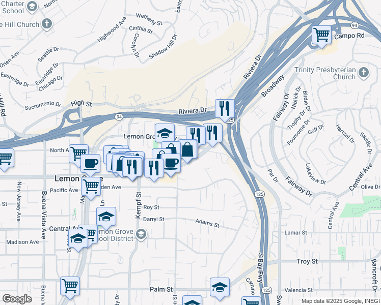 map of restaurants, bars, coffee shops, grocery stores, and more near 8202 Lemon Grove Way in Lemon Grove
