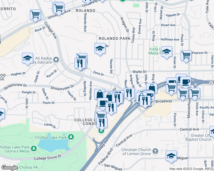 map of restaurants, bars, coffee shops, grocery stores, and more near 3517 College Avenue in San Diego