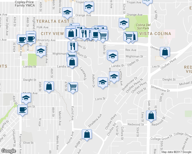 map of restaurants, bars, coffee shops, grocery stores, and more near 4992 Auburn Drive in San Diego