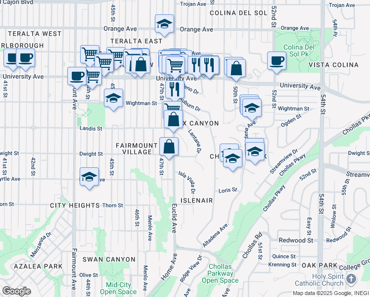 map of restaurants, bars, coffee shops, grocery stores, and more near 4814 Castle Avenue in San Diego