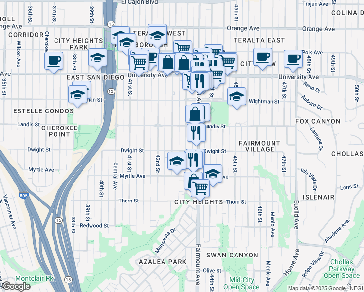 map of restaurants, bars, coffee shops, grocery stores, and more near 3645 43rd Street in San Diego
