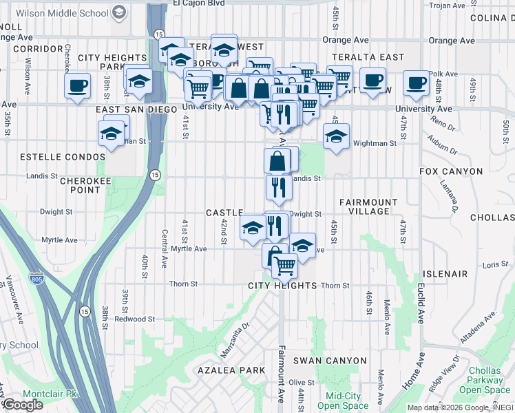 map of restaurants, bars, coffee shops, grocery stores, and more near 3649 43rd Street in San Diego