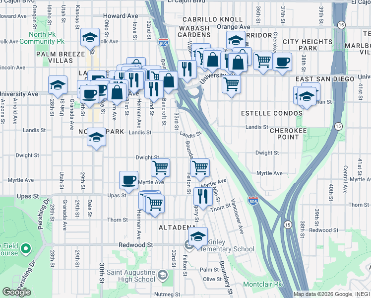 map of restaurants, bars, coffee shops, grocery stores, and more near 3677 Boundary Street in San Diego