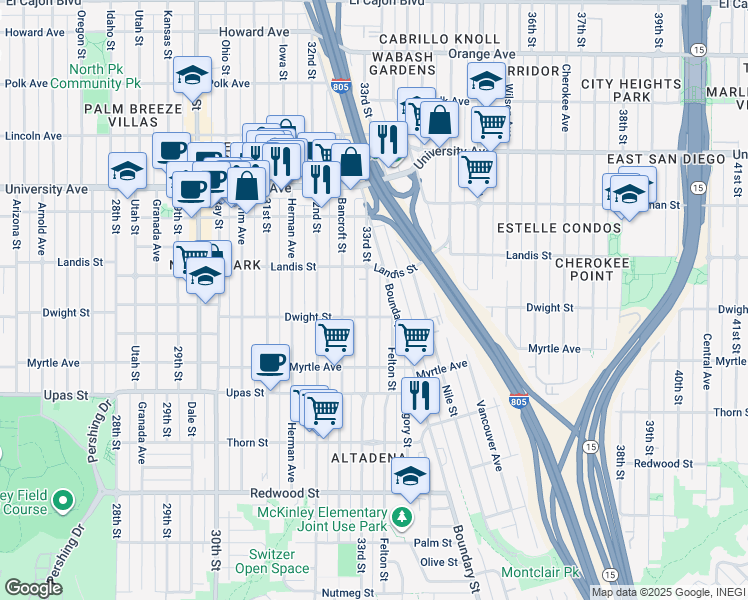 map of restaurants, bars, coffee shops, grocery stores, and more near 3668 33rd Street in San Diego