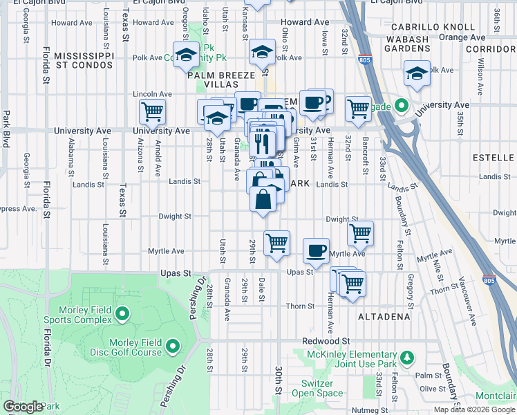 map of restaurants, bars, coffee shops, grocery stores, and more near 3644 30th Street in San Diego