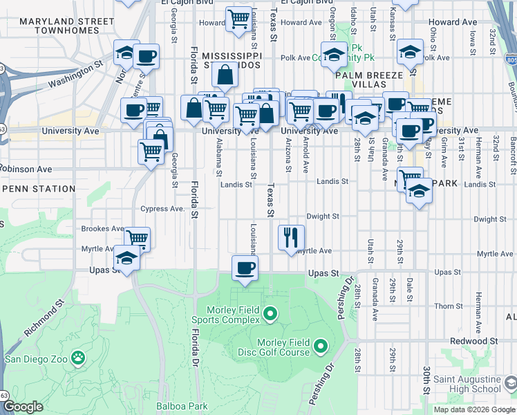 map of restaurants, bars, coffee shops, grocery stores, and more near 3672 Texas Street in San Diego
