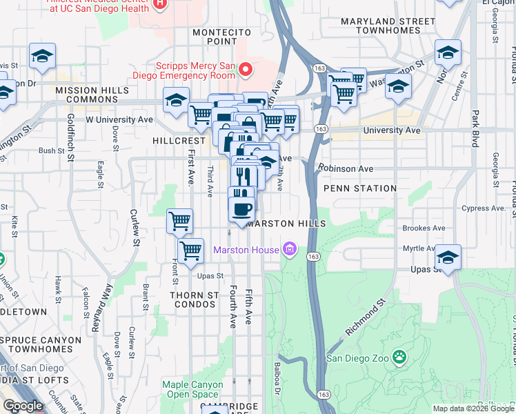 map of restaurants, bars, coffee shops, grocery stores, and more near 3692 Fifth Avenue in San Diego