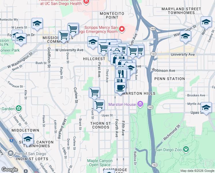 map of restaurants, bars, coffee shops, grocery stores, and more near 329 Pennsylvania Avenue in San Diego