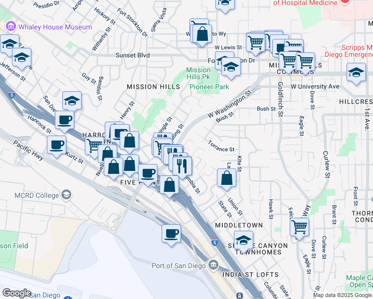 map of restaurants, bars, coffee shops, grocery stores, and more near 1696 Guy Street in San Diego