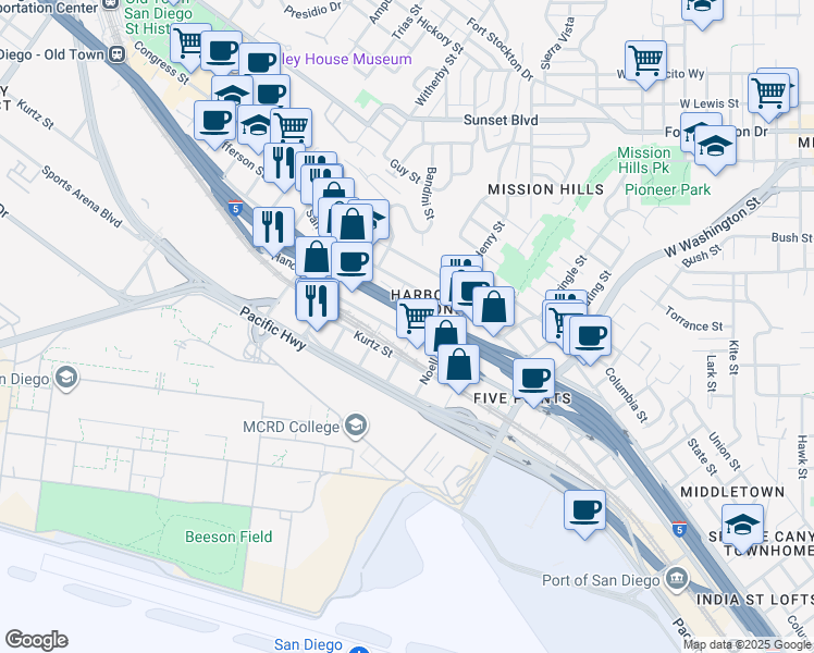 map of restaurants, bars, coffee shops, grocery stores, and more near 1955 San Diego Avenue in San Diego