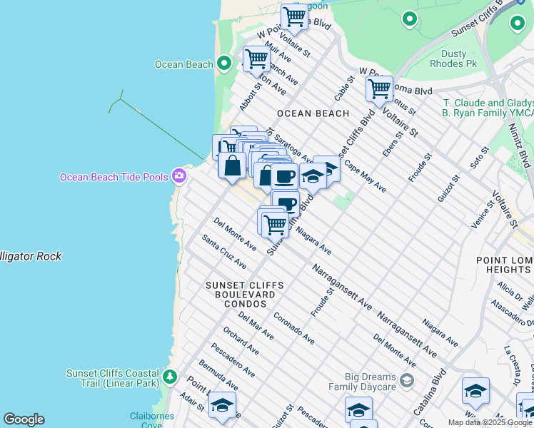 map of restaurants, bars, coffee shops, grocery stores, and more near 4915 Niagara Avenue in San Diego