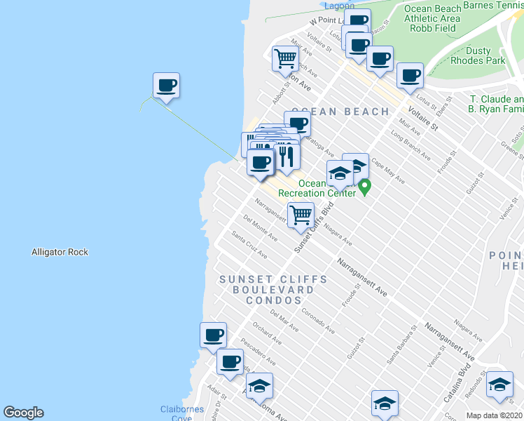 map of restaurants, bars, coffee shops, grocery stores, and more near 4972 Narragansett Avenue in San Diego