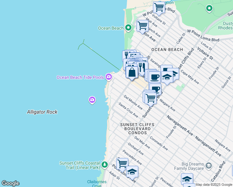 map of restaurants, bars, coffee shops, grocery stores, and more near 5030 Del Monte Avenue in San Diego