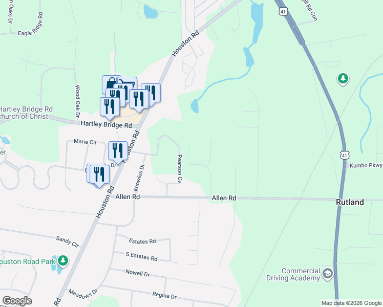 map of restaurants, bars, coffee shops, grocery stores, and more near 2779 Pearson Circle in Macon