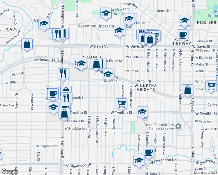 map of restaurants, bars, coffee shops, grocery stores, and more near 1900 West 10th Street in Dallas