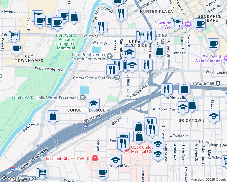 map of restaurants, bars, coffee shops, grocery stores, and more near 1330 Summit Avenue in Fort Worth