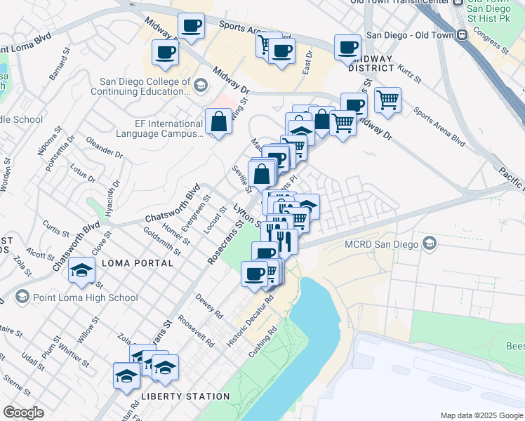 map of restaurants, bars, coffee shops, grocery stores, and more near 3045 Rosecrans Street in San Diego