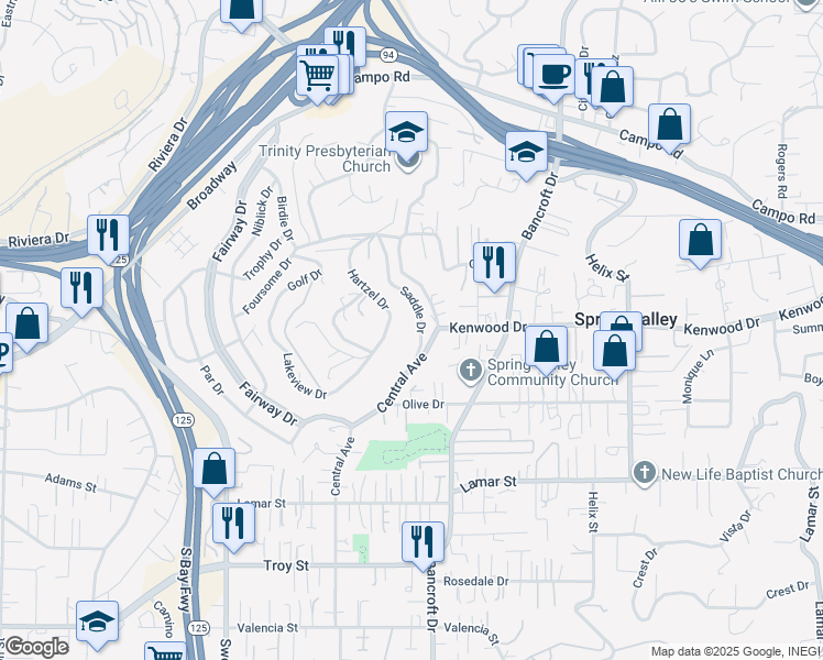 map of restaurants, bars, coffee shops, grocery stores, and more near 3510 Saddle Drive in Spring Valley
